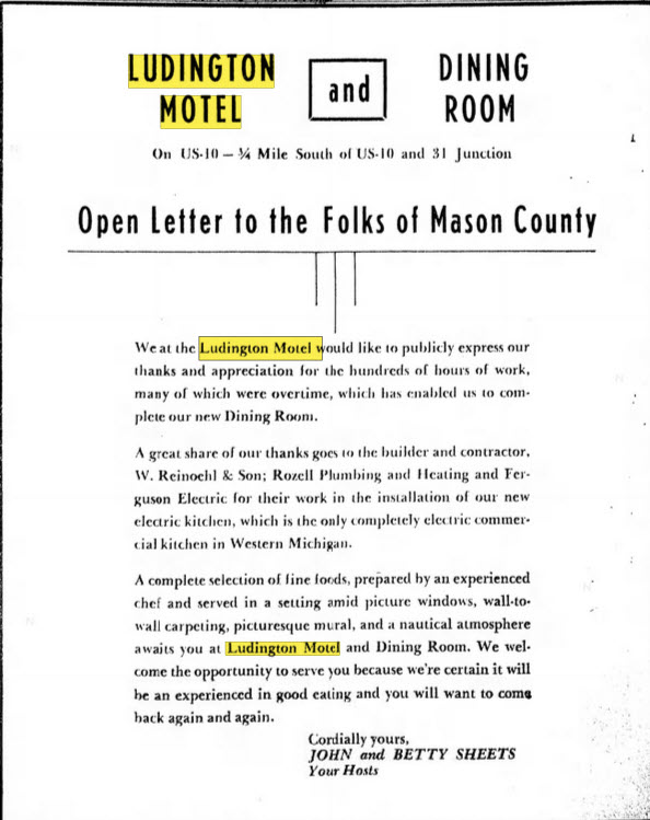 Ludington Motel - 1958 Announcement
